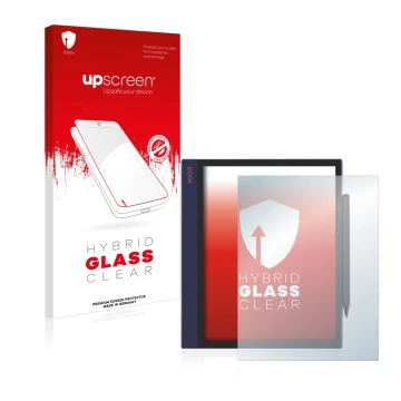 Parte frontal de un envase de producto con el logotipo de la marca upscreen. Al lado se muestra el dispositivo Boox Note Air c