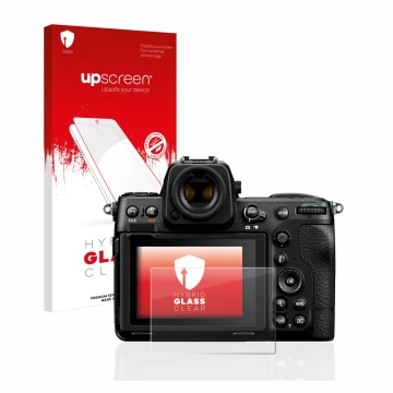 Parte frontal de un envase de producto con el logotipo de la marca upscreen. Al lado se muestra el dispositivo Nikon Z 8 con s