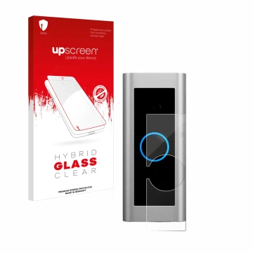 Parte frontal de un envase de producto con el logotipo de la marca upscreen. Al lado se muestra el dispositivo Ring Video Door