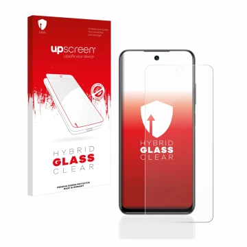 Parte frontal de un envase de producto con el logotipo de la marca upscreen. Al lado se muestra el dispositivo Xiaomi Redmi No