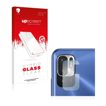 Parte frontal de un envase de producto con el logotipo de la marca upscreen. Al lado se muestra el dispositivo Xiaomi Redmi No