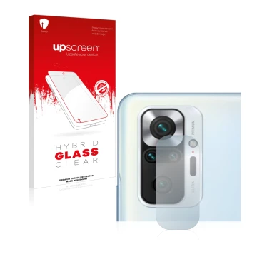 Parte frontal de un envase de producto con el logotipo de la marca upscreen. Al lado se muestra el dispositivo Xiaomi Redmi No