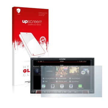 Parte frontal de un envase de producto con el logotipo de la marca upscreen. Al lado se muestra el dispositivo Alpine iLX-702D