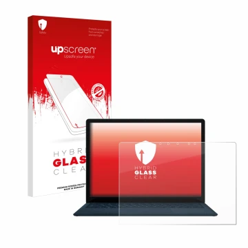 Parte frontal de un envase de producto con el logotipo de la marca upscreen. Al lado se muestra el dispositivo Microsoft Surfa