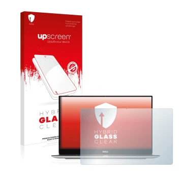 Parte frontal de un envase de producto con el logotipo de la marca upscreen. Al lado se muestra el dispositivo Dell XPS 13 930
