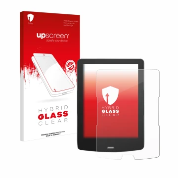 Parte frontal de un envase de producto con el logotipo de la marca upscreen. Al lado se muestra el dispositivo inkBOOK Calypso