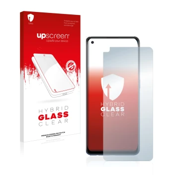 Parte frontal de un envase de producto con el logotipo de la marca upscreen. Al lado se muestra el dispositivo Oppo A74 con su