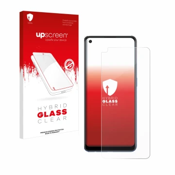 Parte frontal de un envase de producto con el logotipo de la marca upscreen. Al lado se muestra el dispositivo Oppo A74 5G con