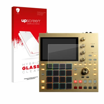 Parte frontal de un envase de producto con el logotipo de la marca upscreen. Al lado se muestra el dispositivo Akai MPC One co