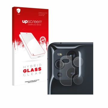 Parte frontal de un envase de producto con el logotipo de la marca upscreen. Al lado se muestra el dispositivo Oppo Find X3 Pr