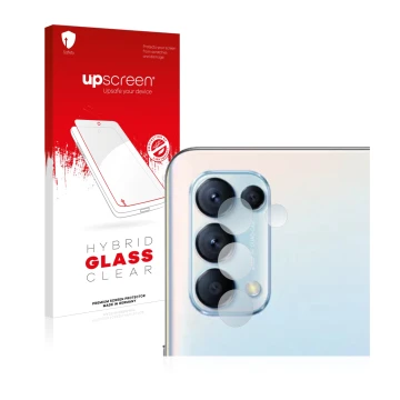 Parte frontal de un envase de producto con el logotipo de la marca upscreen. Al lado se muestra el dispositivo Oppo Find X3 Li
