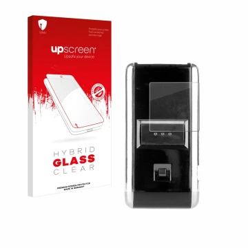 Parte frontal de un envase de producto con el logotipo de la marca upscreen. Al lado se muestra el dispositivo Opticon OPN-200