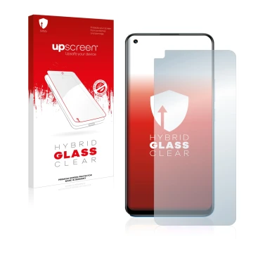 Parte frontal de un envase de producto con el logotipo de la marca upscreen. Al lado se muestra el dispositivo realme 8 Pro co