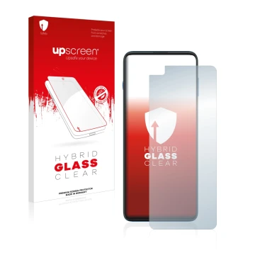 Parte frontal de un envase de producto con el logotipo de la marca upscreen. Al lado se muestra el dispositivo Motorola Moto G