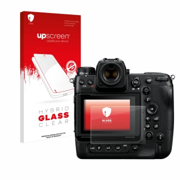 Parte frontal de un envase de producto con el logotipo de la marca upscreen. Al lado se muestra el dispositivo Nikon Z 9 con s