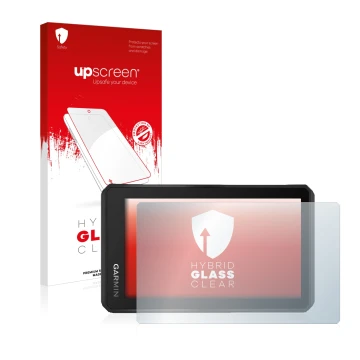 Parte frontal de un envase de producto con el logotipo de la marca upscreen. Al lado se muestra el dispositivo Garmin Tread 5.
