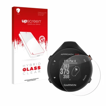 Parte frontal de un envase de producto con el logotipo de la marca upscreen. Al lado se muestra el dispositivo Garmin Approach