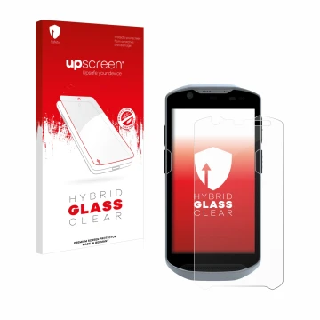 Parte frontal de un envase de producto con el logotipo de la marca upscreen. Al lado se muestra el dispositivo Zebra TC52x con