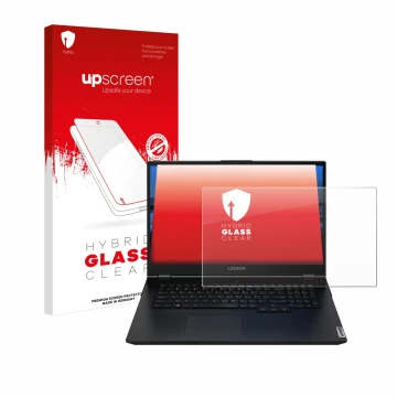 Parte frontal de un envase de producto con el logotipo de la marca upscreen. Al lado se muestra el dispositivo Lenovo Legion 5