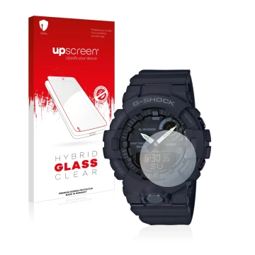 Parte frontal de un envase de producto con el logotipo de la marca upscreen. Al lado se muestra el dispositivo Casio G-Shock G