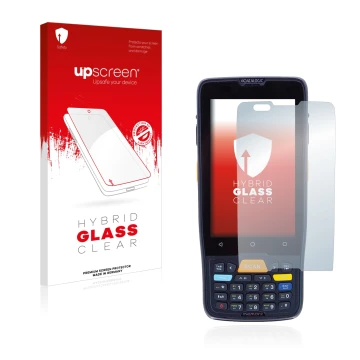 Parte frontal de un envase de producto con el logotipo de la marca upscreen. Al lado se muestra el dispositivo Datalogic Memor