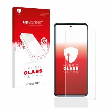 Parte frontal de un envase de producto con el logotipo de la marca upscreen. Al lado se muestra el dispositivo Xiaomi Poco X3 