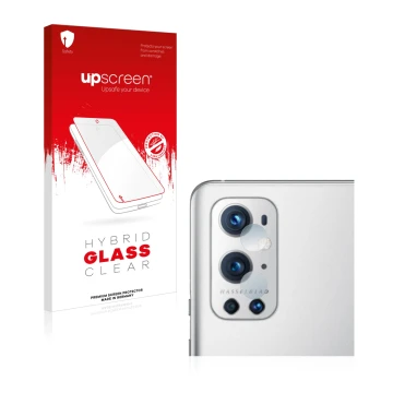 Parte frontal de un envase de producto con el logotipo de la marca upscreen. Al lado se muestra el dispositivo OnePlus 9 Pro (