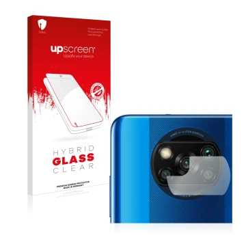 Parte frontal de un envase de producto con el logotipo de la marca upscreen. Al lado se muestra el dispositivo Xiaomi Poco X3 
