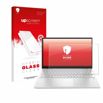 Parte frontal de un envase de producto con el logotipo de la marca upscreen. Al lado se muestra el dispositivo HP Pavilion x36
