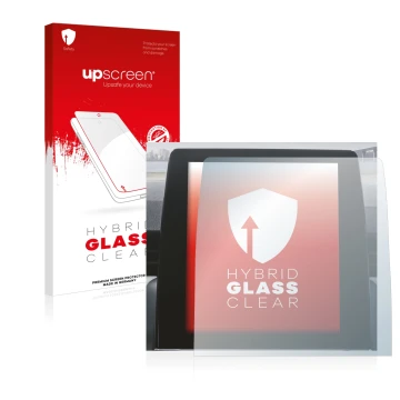 Parte frontal de un envase de producto con el logotipo de la marca upscreen. Al lado se muestra el dispositivo Renault Zoe 202