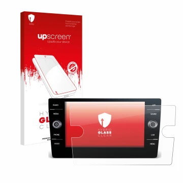 Parte frontal de un envase de producto con el logotipo de la marca upscreen. Al lado se muestra el dispositivo Volkswagen Tigu