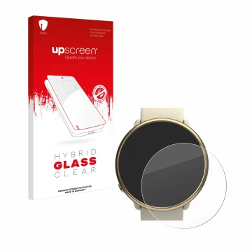 Parte frontal de un envase de producto con el logotipo de la marca upscreen. Al lado se muestra el dispositivo Polar Ignite 2 