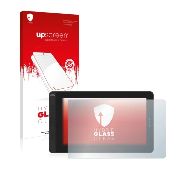 Parte frontal de un envase de producto con el logotipo de la marca upscreen. Al lado se muestra el dispositivo Huion Kamvas 13