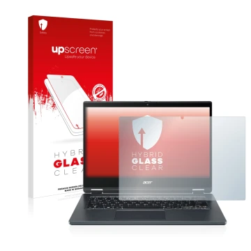 Parte frontal de un envase de producto con el logotipo de la marca upscreen. Al lado se muestra el dispositivo Acer TravelMate