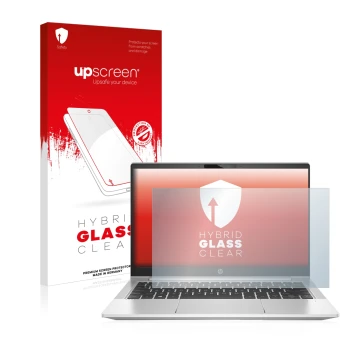 Parte frontal de un envase de producto con el logotipo de la marca upscreen. Al lado se muestra el dispositivo HP ProBooks 430