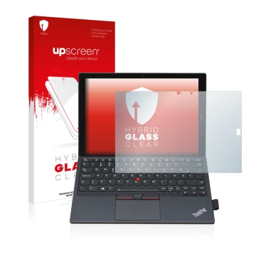 Parte frontal de un envase de producto con el logotipo de la marca upscreen. Al lado se muestra el dispositivo Lenovo ThinkPad
