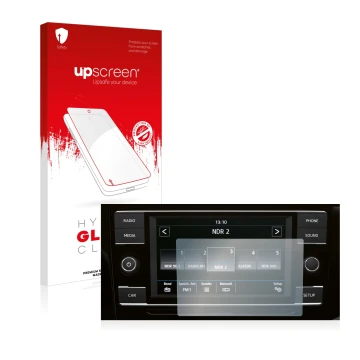 Parte frontal de un envase de producto con el logotipo de la marca upscreen. Al lado se muestra el dispositivo Volkswagen T6.1