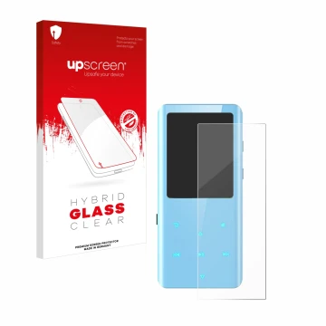 Parte frontal de un envase de producto con el logotipo de la marca upscreen. Al lado se muestra el dispositivo AGPtek A19X con
