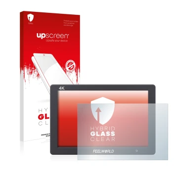 Parte frontal de un envase de producto con el logotipo de la marca upscreen. Al lado se muestra el dispositivo Feelworld FW279