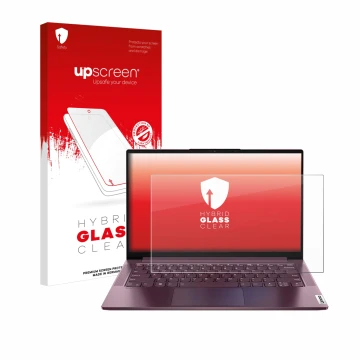 Parte frontal de un envase de producto con el logotipo de la marca upscreen. Al lado se muestra el dispositivo Lenovo Yoga Sli