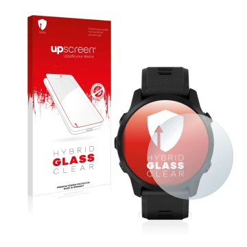 Parte frontal de un envase de producto con el logotipo de la marca upscreen. Al lado se muestra el dispositivo Garmin Forerunn