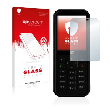 Parte frontal de un envase de producto con el logotipo de la marca upscreen. Al lado se muestra el dispositivo Caterpillar Cat