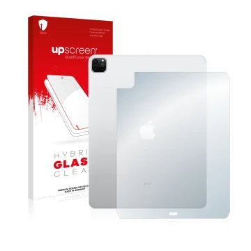 Parte frontal de un envase de producto con el logotipo de la marca upscreen. Al lado se muestra el dispositivo Apple iPad 12.9