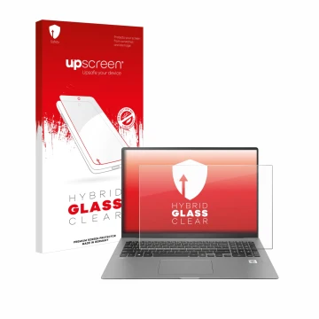 Parte frontal de un envase de producto con el logotipo de la marca upscreen. Al lado se muestra el dispositivo LG gram 17'' 20