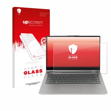 Parte frontal de un envase de producto con el logotipo de la marca upscreen. Al lado se muestra el dispositivo Lenovo ThinkBoo