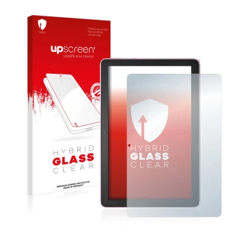Parte frontal de un envase de producto con el logotipo de la marca upscreen. Al lado se muestra el dispositivo Amazon Fire HD 