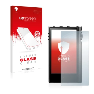 Parte frontal de un envase de producto con el logotipo de la marca upscreen. Al lado se muestra el dispositivo Astell&Kern Kan