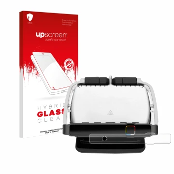 Parte frontal de un envase de producto con el logotipo de la marca upscreen. Al lado se muestra el dispositivo Tefal OptiGrill