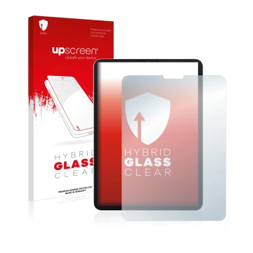 Parte frontal de un envase de producto con el logotipo de la marca upscreen. Al lado se muestra el dispositivo Apple iPad Pro 