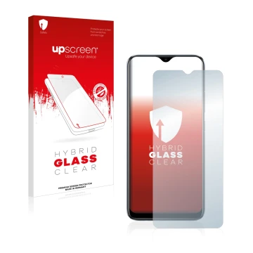 Parte frontal de un envase de producto con el logotipo de la marca upscreen. Al lado se muestra el dispositivo realme C11 2021